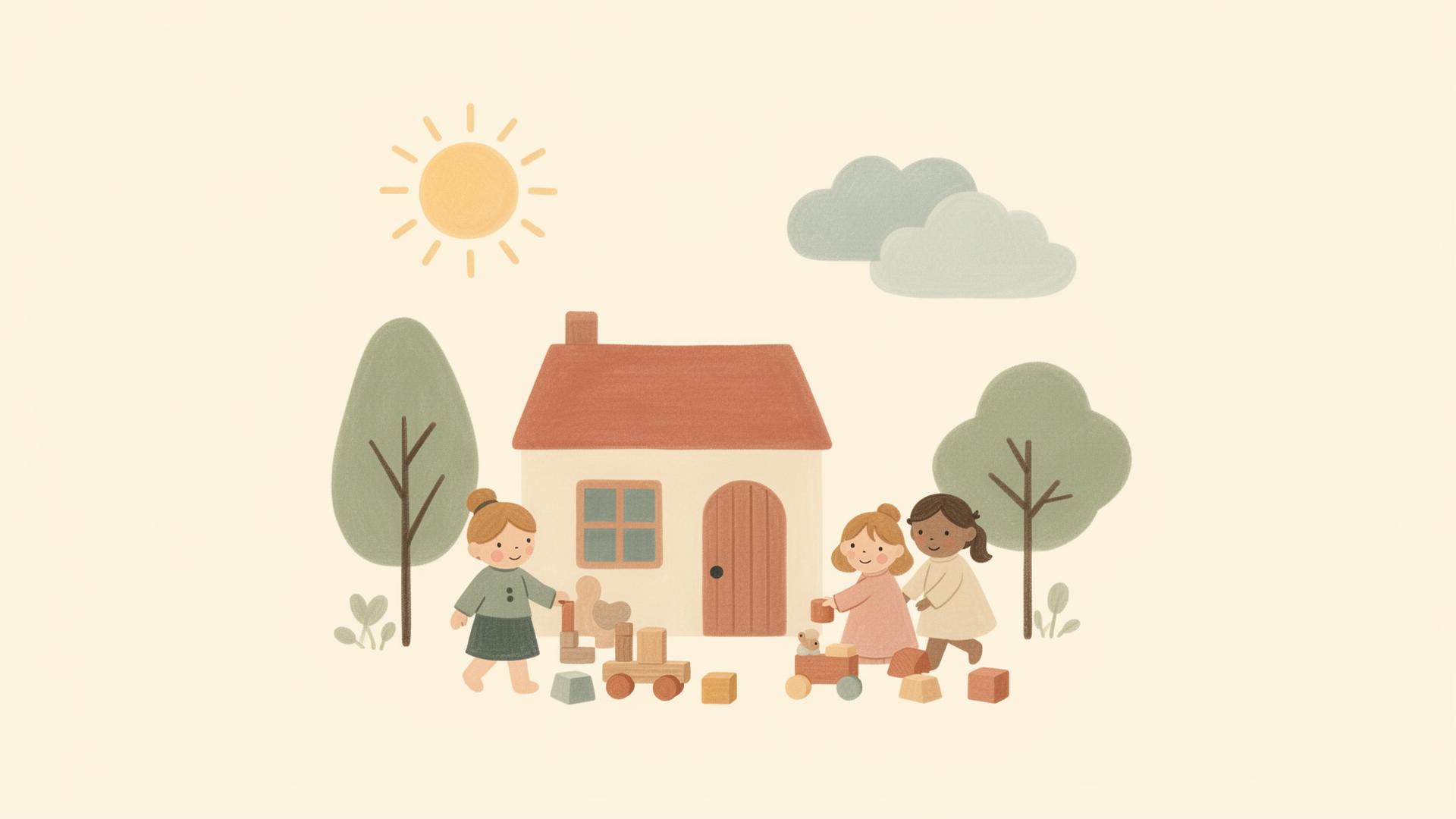 Vrolijk huis met kinderen die spelen — illustratie