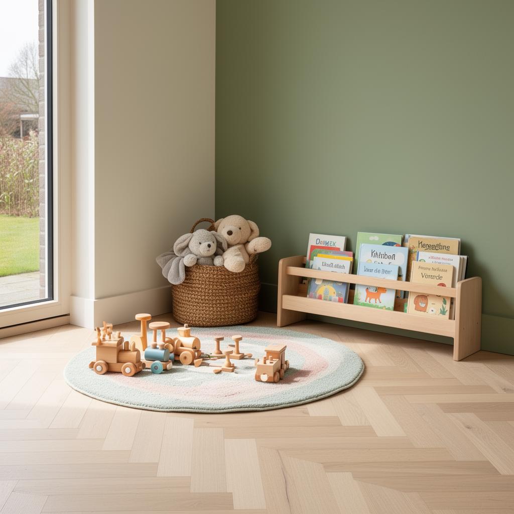 Speelhoek met houten speelgoed en boekjes op visgraatvloer