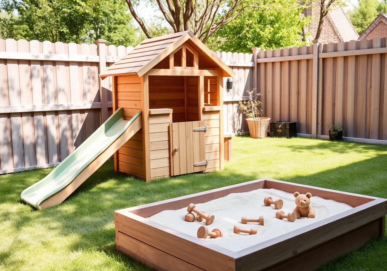 Eigen speeltuin met houten speelhuis, glijbaan en zandbak